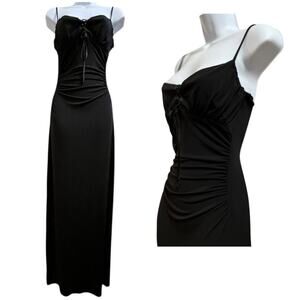 Vintage Y2K Black Dark Coquette Milkmaid Ruched Tie Front Maxi Dress Small Sexy